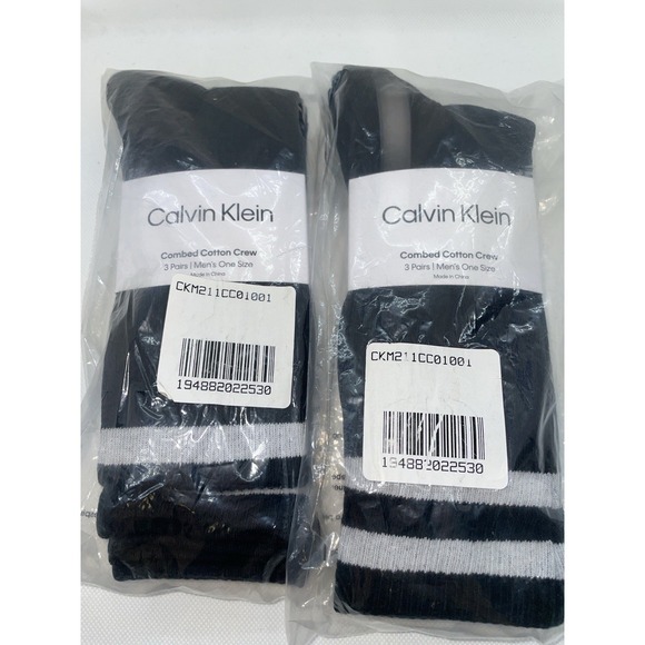 Calvin Klein Men's Combed Cotton Crew Socks 6 Pairs Black White Striped Logo CK - Picture 1 of 4